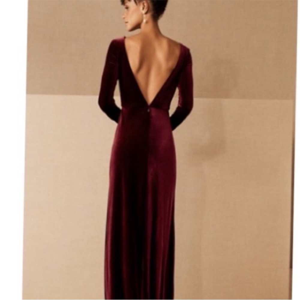 Jenny Yoo Dress Ryland Maxi Long Sleeve V-neck Open Back in Dark Berry Velvet - Picture 3 of 7